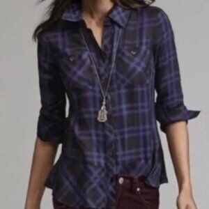 Cabi #3431 Women Blue Medium Moody Plaid Check Button Down Peplum Top
